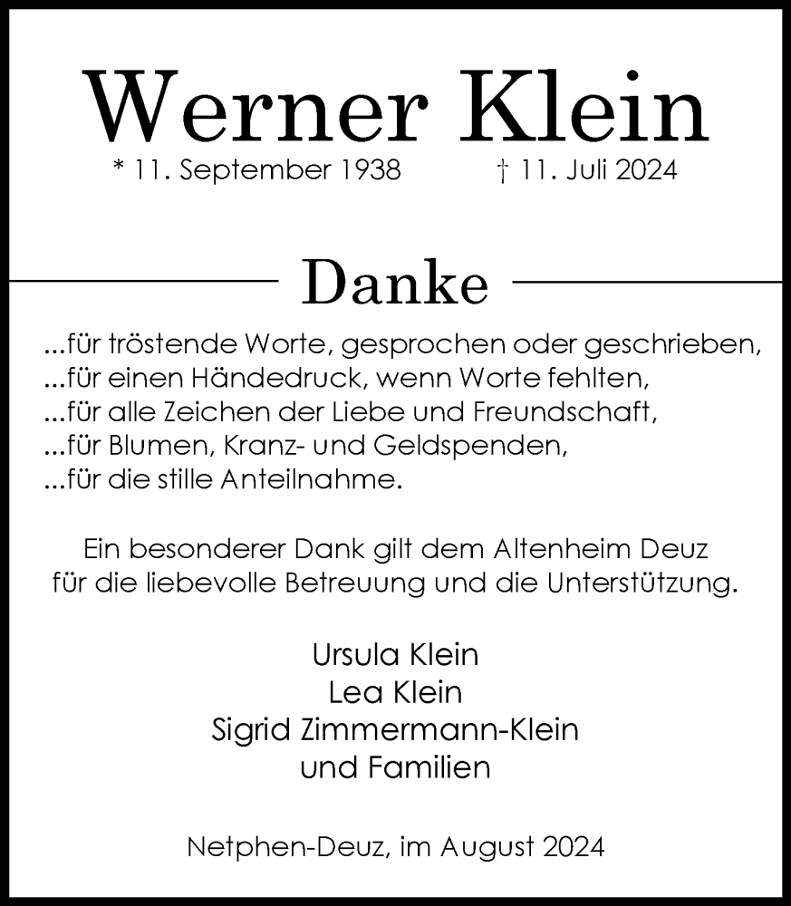 Traueranzeige für Werner Klein vom 31.08.2024 aus Dill Block