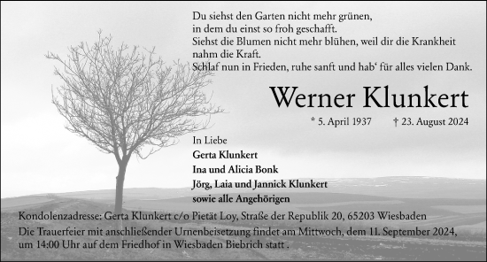 Traueranzeige von Werner Klunkert von Wiesbadener Kurier