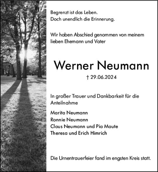 Traueranzeige von Werner Neumann von Darmstädter Echo