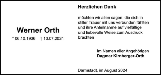 Traueranzeige von Werner Orth von Darmstädter Echo
