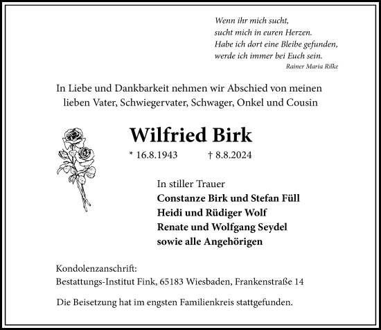 Traueranzeige von Wilfried Birk von Wiesbadener Kurier