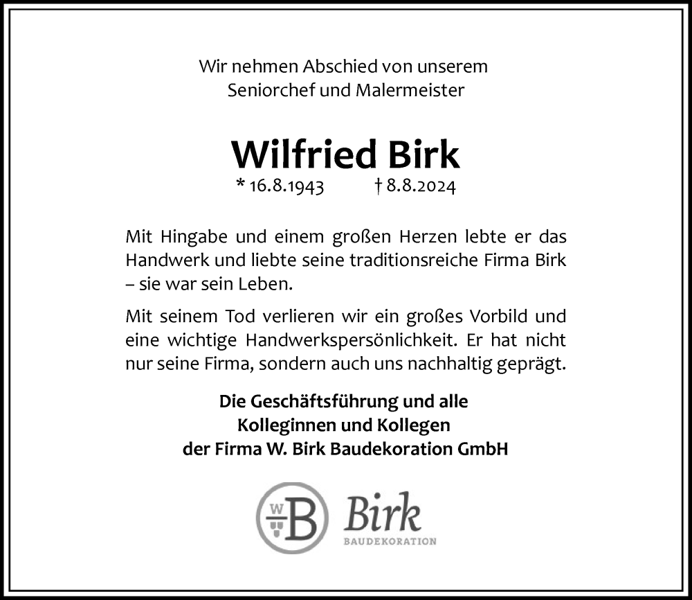  Traueranzeige für Wilfried Birk vom 31.08.2024 aus Wiesbadener Kurier