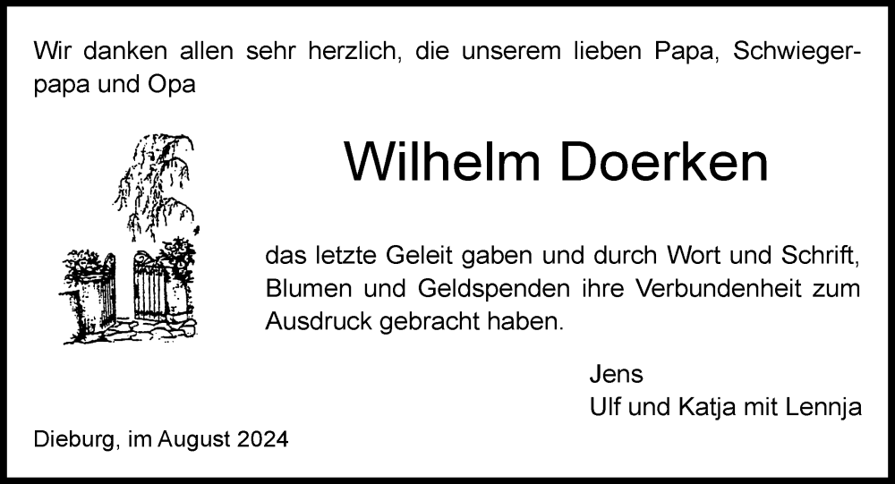  Traueranzeige für Wilhelm Doerken vom 31.08.2024 aus Dieburger Anzeiger/Groß-Zimmerner Lokal-Anzeiger