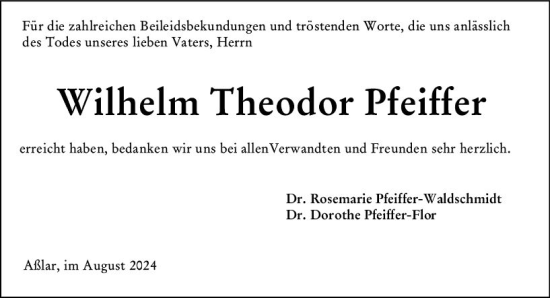 Traueranzeige von Wilhelm Theodor Pfeiffer von Wetzlarer Neue Zeitung