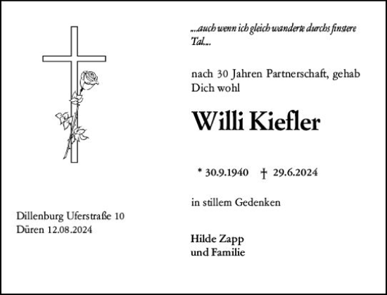 Traueranzeige von Willi Kiefler von Dill Block