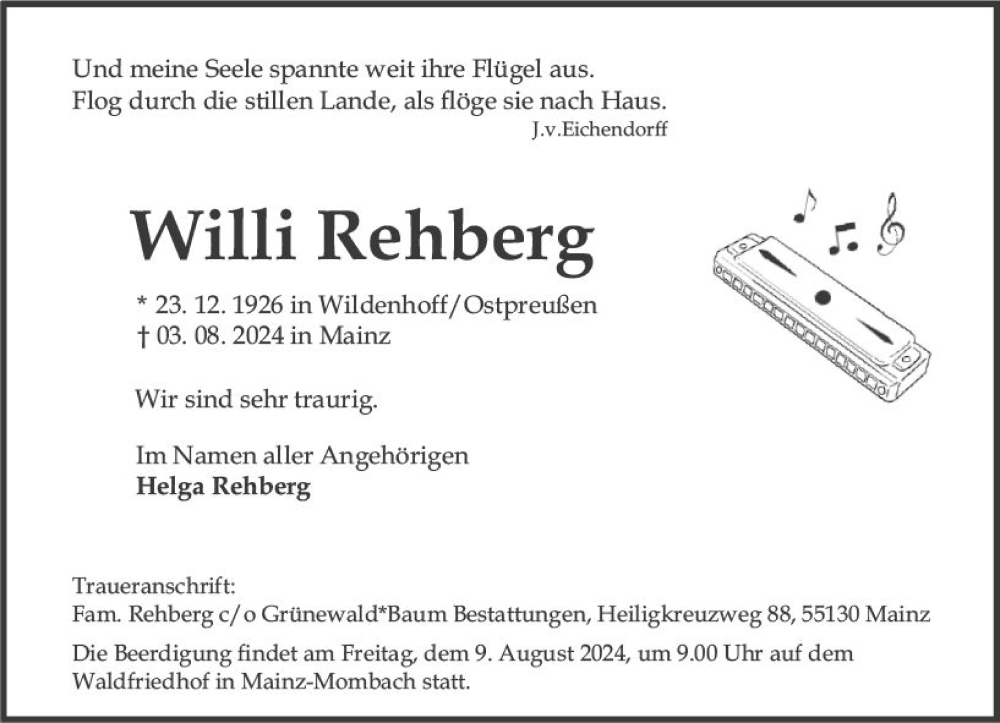 Traueranzeige für Willi Rehberg vom 07.08.2024 aus Allgemeine Zeitung Mainz