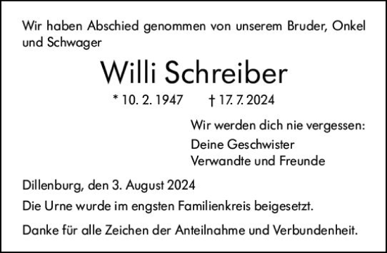 Traueranzeige von Willi Schreiber von Dill Block