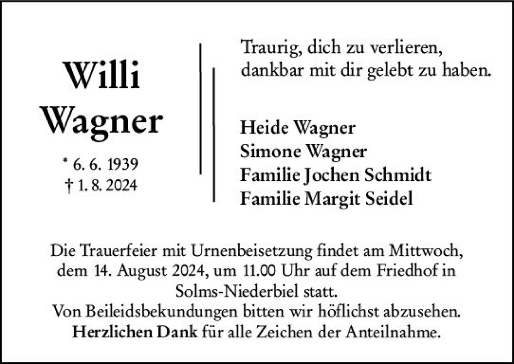  Traueranzeige für Willi Wagner vom 09.08.2024 aus Wetzlarer Neue Zeitung