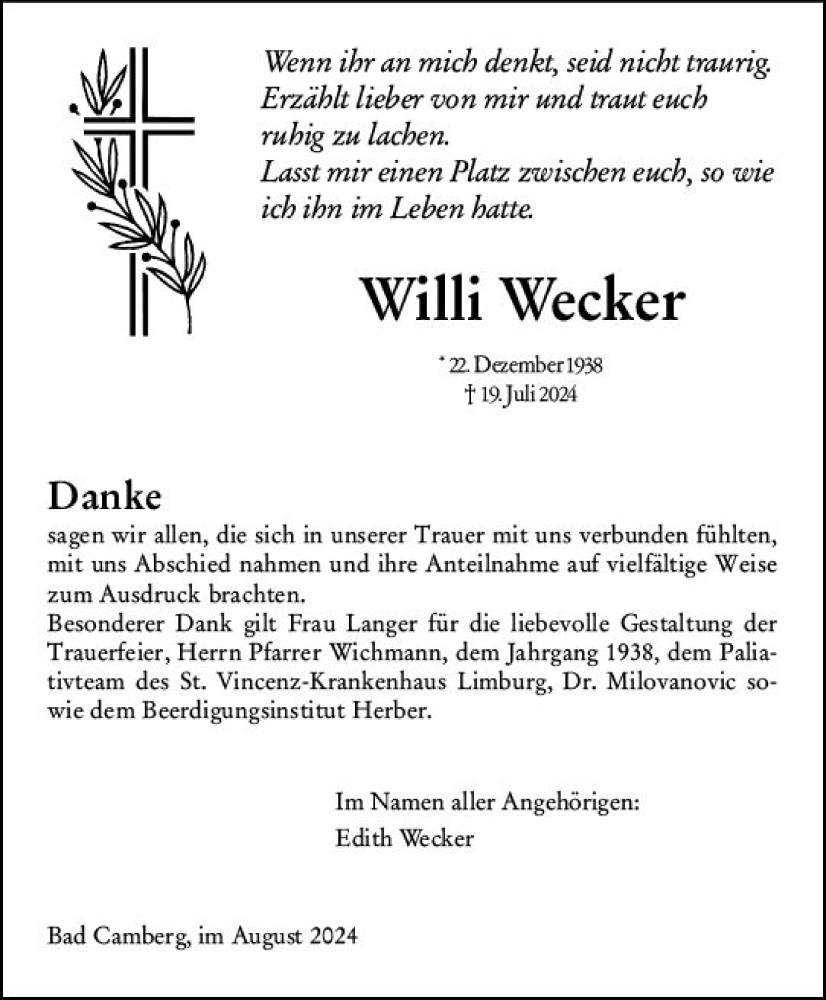 Traueranzeige für Willi Wecker vom 15.08.2024 aus Camberger Anzeiger