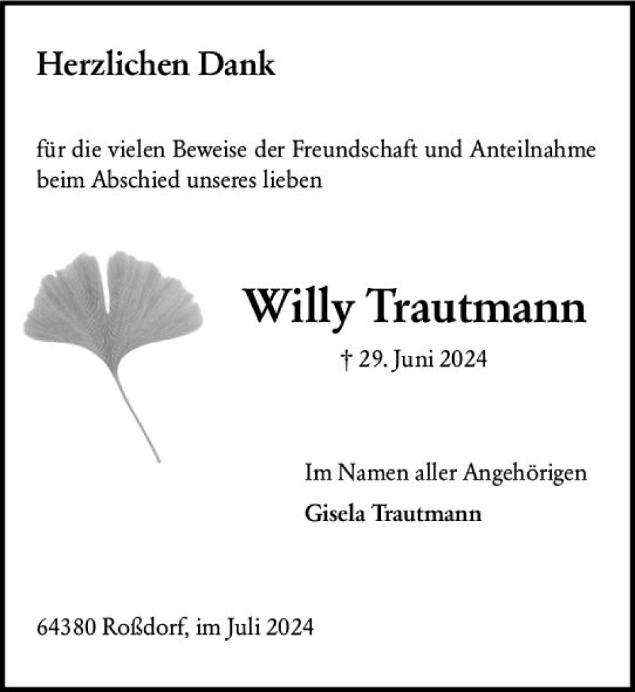  Traueranzeige für Willy Trautmann vom 03.08.2024 aus Odenwälder Echo
