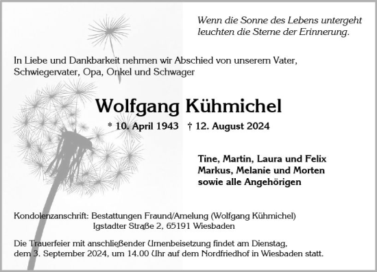 Traueranzeige von Wolfgang Kühmichel von Wiesbadener Kurier
