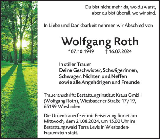Traueranzeige von Wolfgang Roth von Wiesbadener Kurier