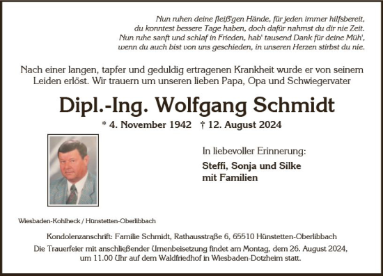 Traueranzeige von Wolfgang Schmidt von Wiesbadener Kurier