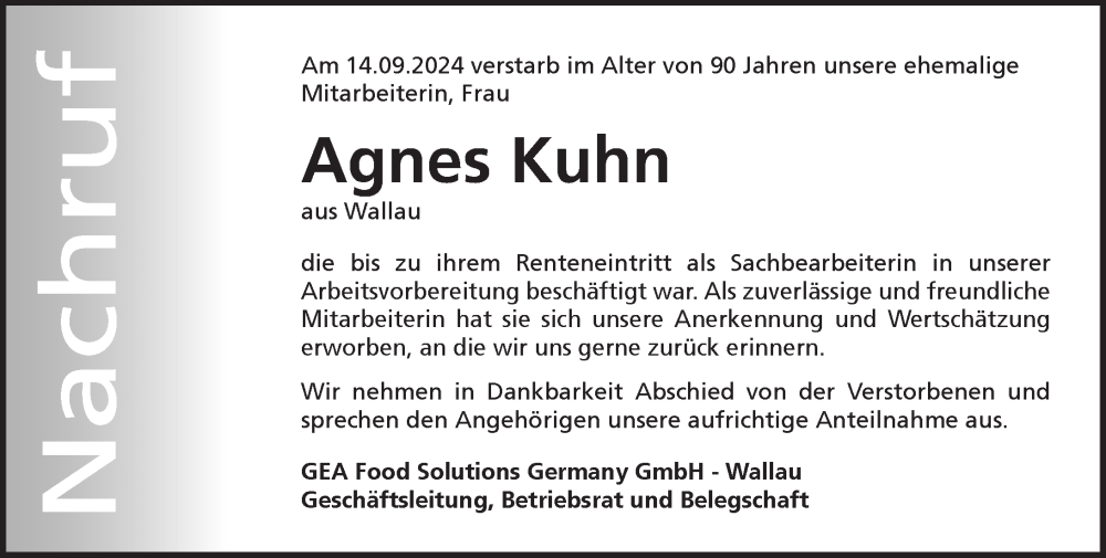  Traueranzeige für Agnes Kuhn vom 25.09.2024 aus Hinterländer Anzeiger