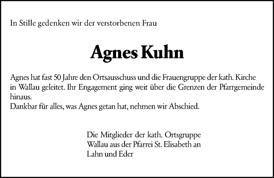 Traueranzeige von Agnes Kuhn von Hinterländer Anzeiger