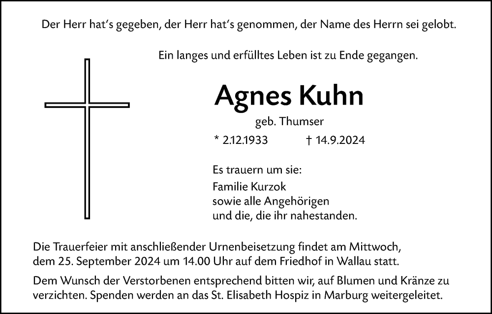  Traueranzeige für Agnes Kuhn vom 21.09.2024 aus Hinterländer Anzeiger