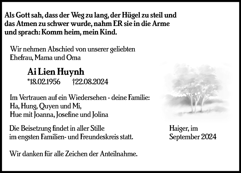  Traueranzeige für Ai Lien Huynh vom 03.09.2024 aus Dill Block