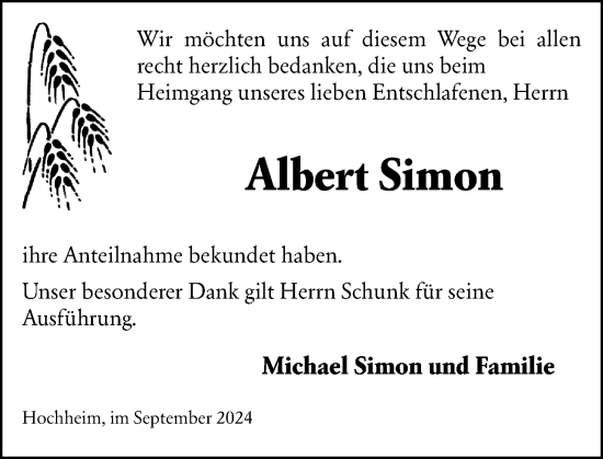 Traueranzeige von Albert Simon von Hochheimer Zeitung