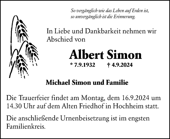 Traueranzeige von Albert Simon von Hochheimer Zeitung