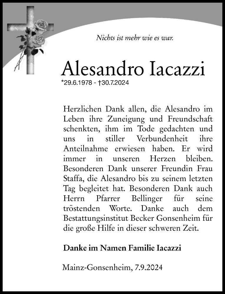  Traueranzeige für Alesandro Iacazzi vom 07.09.2024 aus Allgemeine Zeitung Alzey