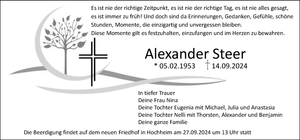  Traueranzeige für Alexander Steer vom 28.09.2024 aus Wiesbadener Kurier