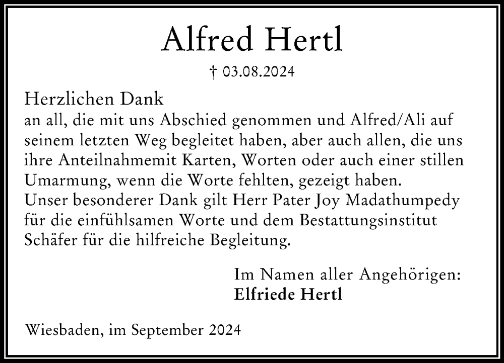  Traueranzeige für Alfred Hertl vom 07.09.2024 aus Wiesbadener Kurier