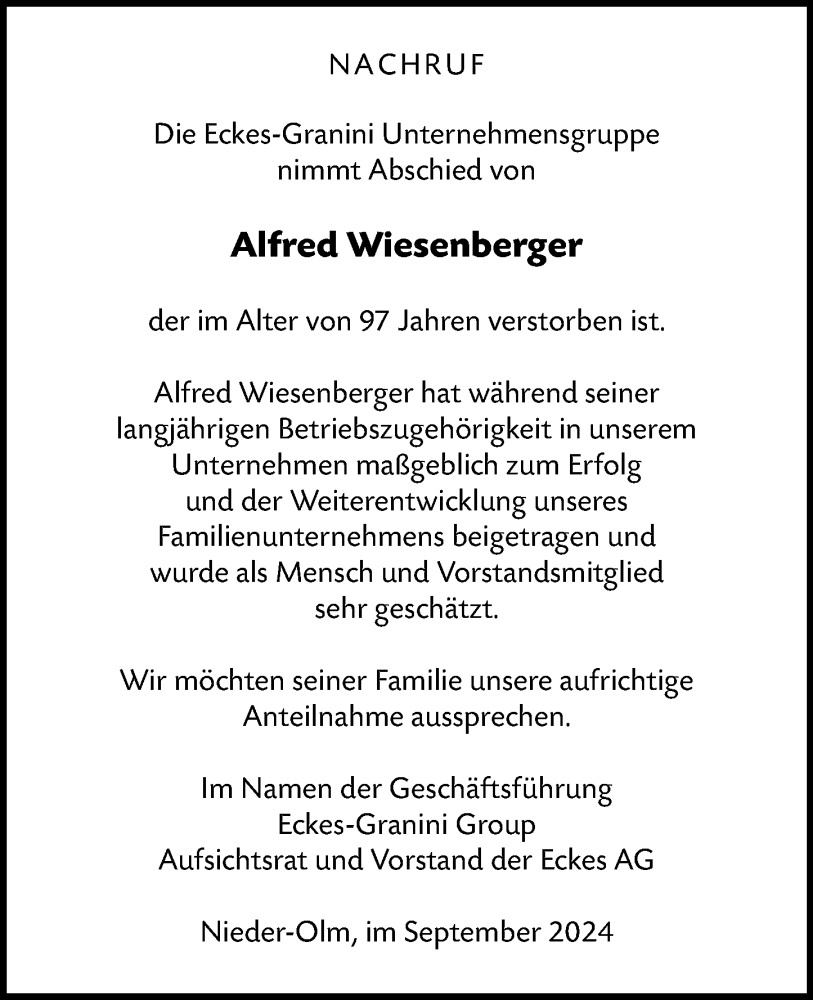  Traueranzeige für Alfred Wiesenberger vom 18.09.2024 aus Allgemeine Zeitung Mainz
