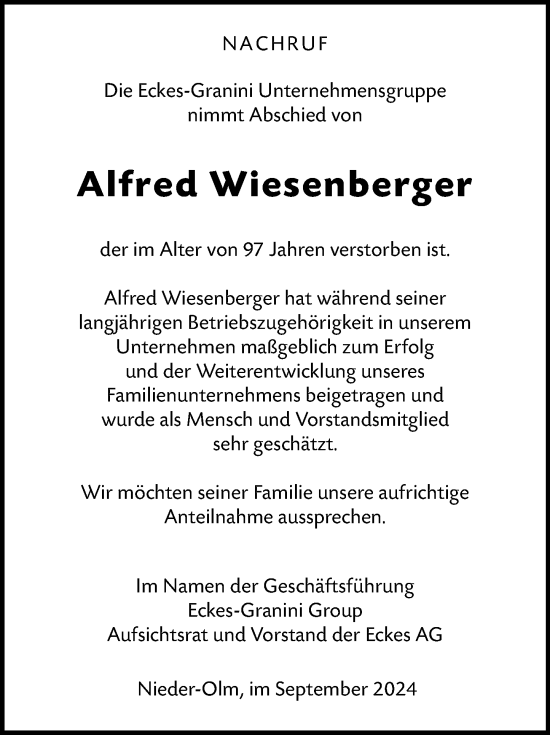 Traueranzeige von Alfred Wiesenberger von Wiesbadener Kurier