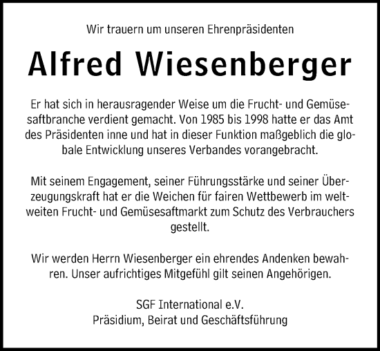 Traueranzeige von Alfred Wiesenberger von Wiesbadener Kurier