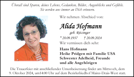 Traueranzeige von Alida Hofmann von Allgemeine Zeitung Mainz