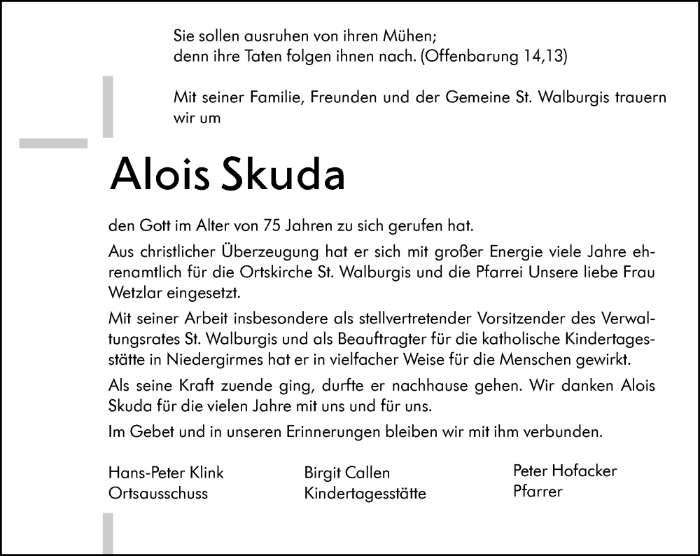  Traueranzeige für Alois Skuda vom 14.09.2024 aus Wetzlarer Neue Zeitung