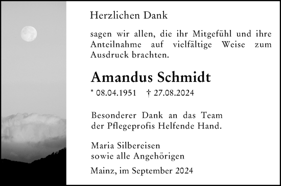 Traueranzeige von Amandus Schmidt von Allgemeine Zeitung Mainz