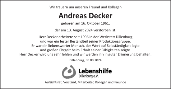 Traueranzeige von Andreas Decker von Dill Block