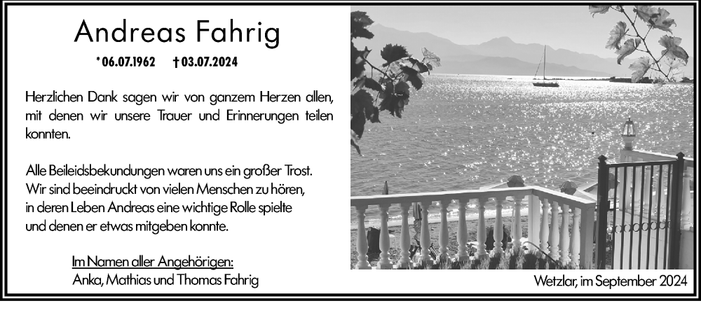  Traueranzeige für Andreas Fahrig vom 07.09.2024 aus Wetzlarer Neue Zeitung