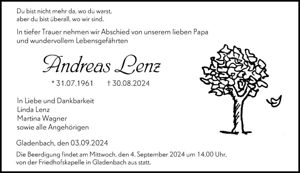  Traueranzeige für Andreas Lenz vom 03.09.2024 aus Hinterländer Anzeiger