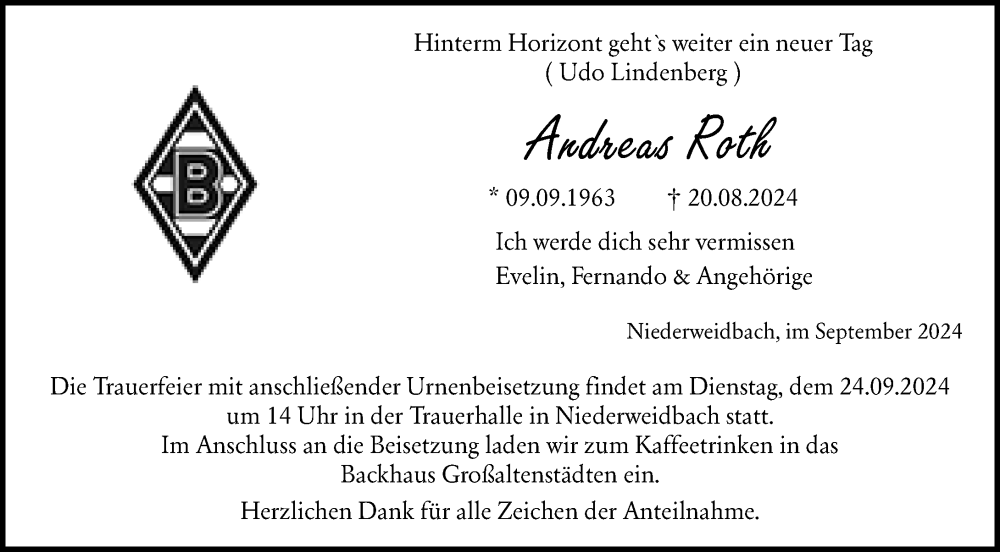  Traueranzeige für Andreas Roth vom 14.09.2024 aus Wetzlarer Neue Zeitung