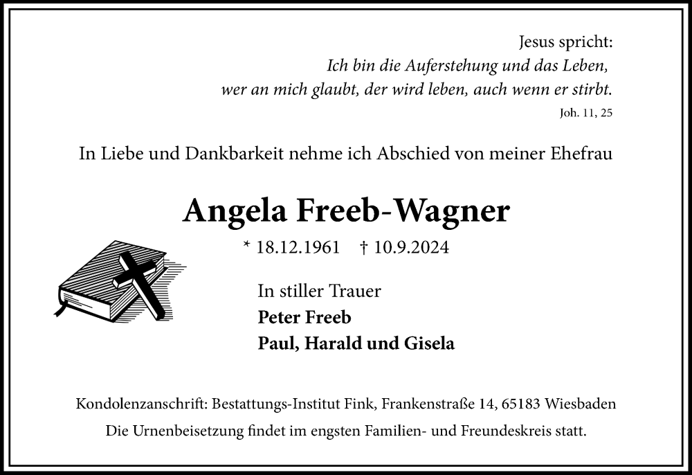  Traueranzeige für Angela Freeb-Wagner vom 14.09.2024 aus Wiesbadener Kurier