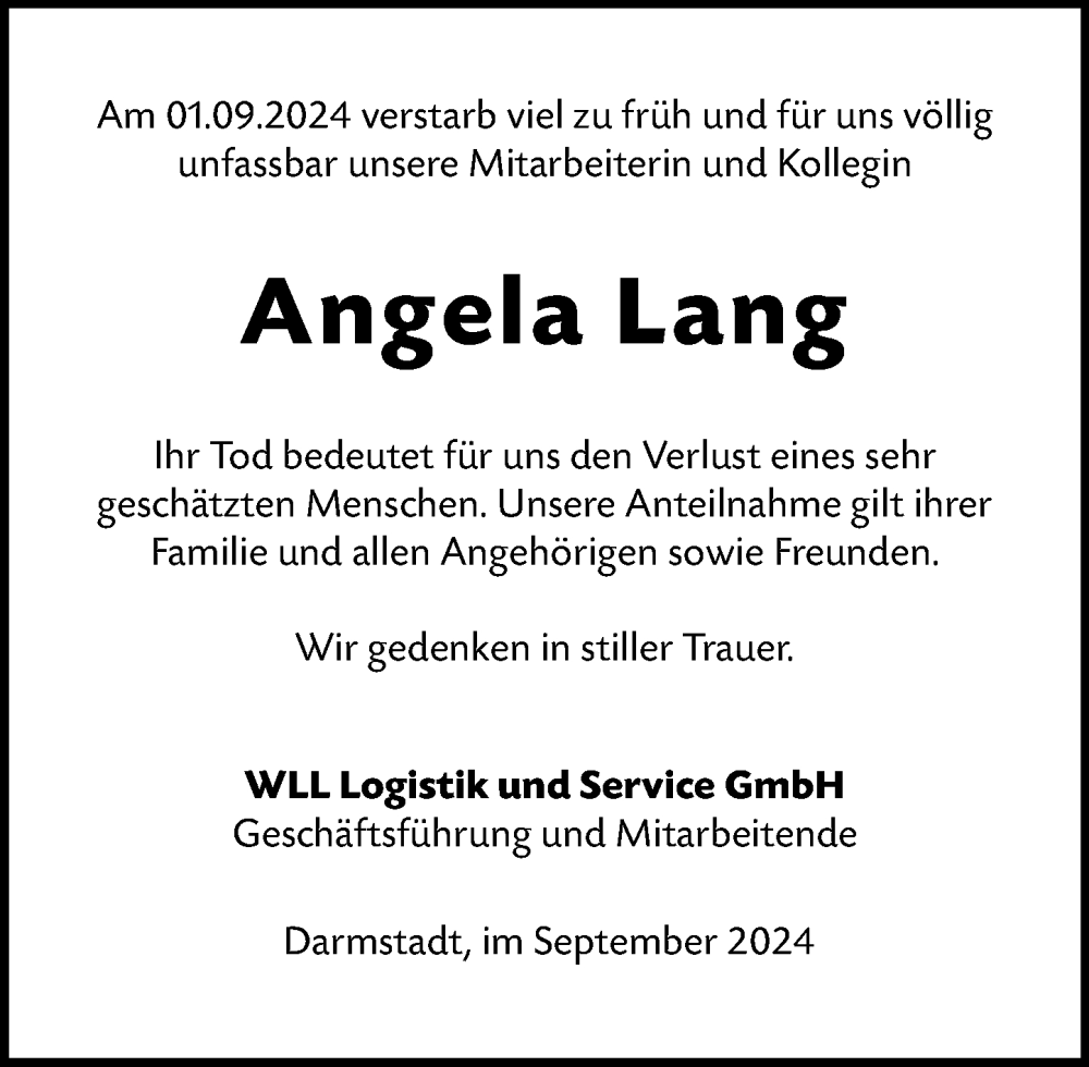  Traueranzeige für Angela Lang vom 19.09.2024 aus Dieburger Anzeiger/Groß-Zimmerner Lokal-Anzeiger