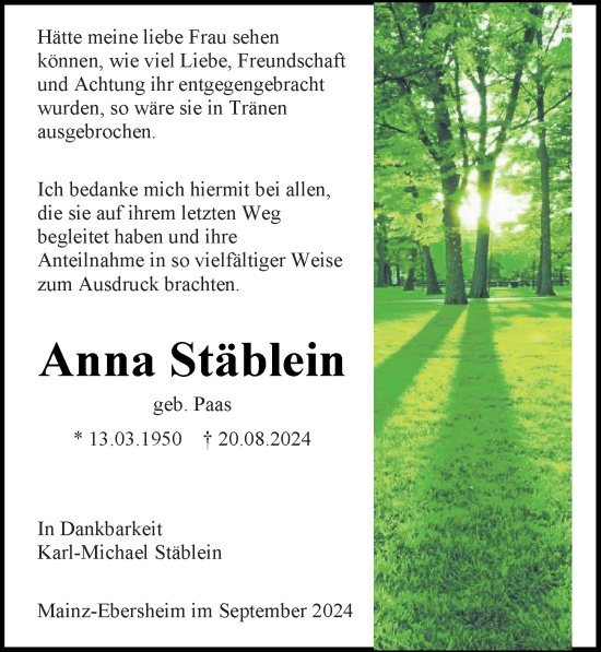 Traueranzeige von Anna Stäblein von Allgemeine Zeitung Mainz