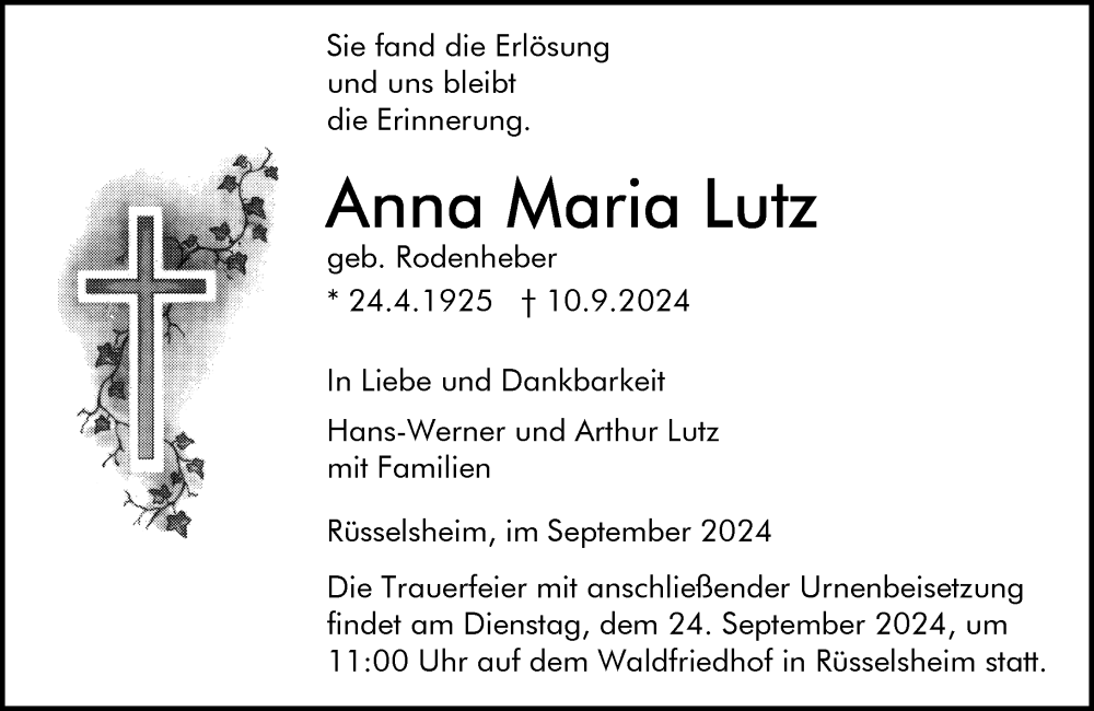  Traueranzeige für Anna Maria Lutz vom 14.09.2024 aus Rüsselsheimer Echo