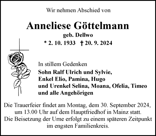 Traueranzeige von Anneliese Göttelmann von Allgemeine Zeitung Mainz