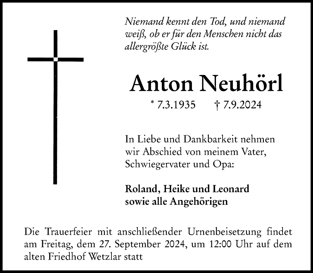  Traueranzeige für Anton Neuhörl vom 21.09.2024 aus Wetzlarer Neue Zeitung
