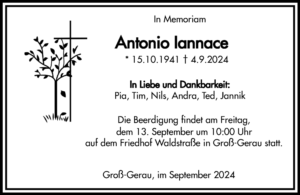  Traueranzeige für Antonio Iannace vom 07.09.2024 aus Groß-Gerauer Echo