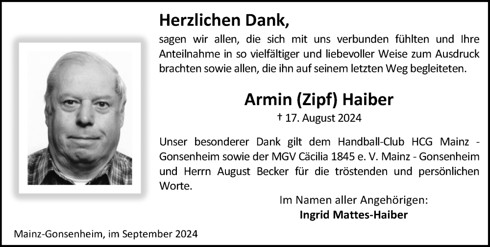  Traueranzeige für Armin Haiber vom 07.09.2024 aus Allgemeine Zeitung Mainz
