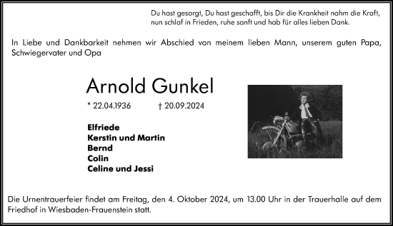 Traueranzeige von Arnold Gunkel von Wiesbadener Kurier