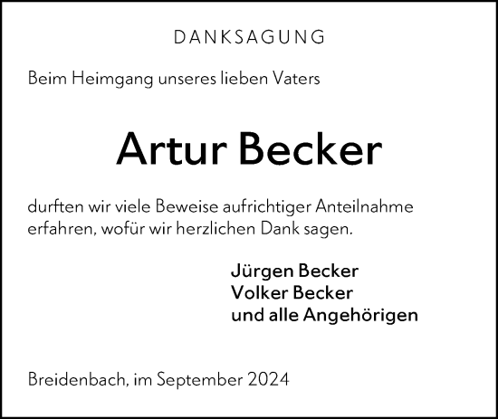 Traueranzeige von Artur Becker von Hinterländer Anzeiger