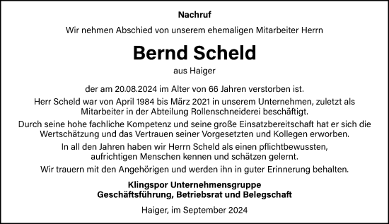 Traueranzeige von Bernd Scheld von Dill Block