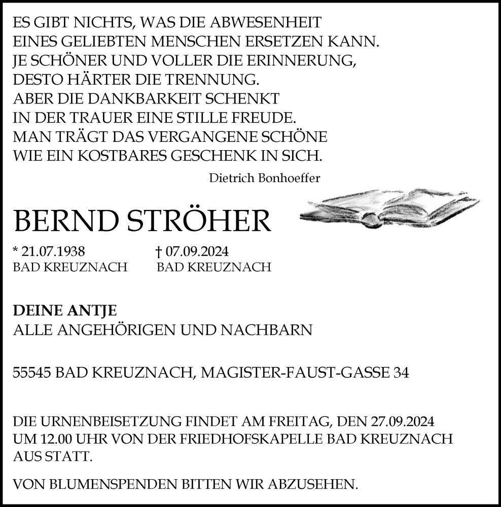  Traueranzeige für Bernd Ströher vom 21.09.2024 aus Allgemeine Zeitung Rheinhessen-Nahe