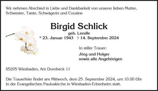 Traueranzeige von Birgid Schlick von Wiesbadener Kurier