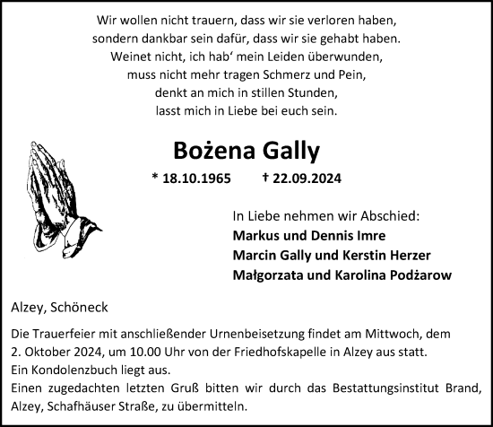 Traueranzeige von Bozena Gally von Allgemeine Zeitung Alzey